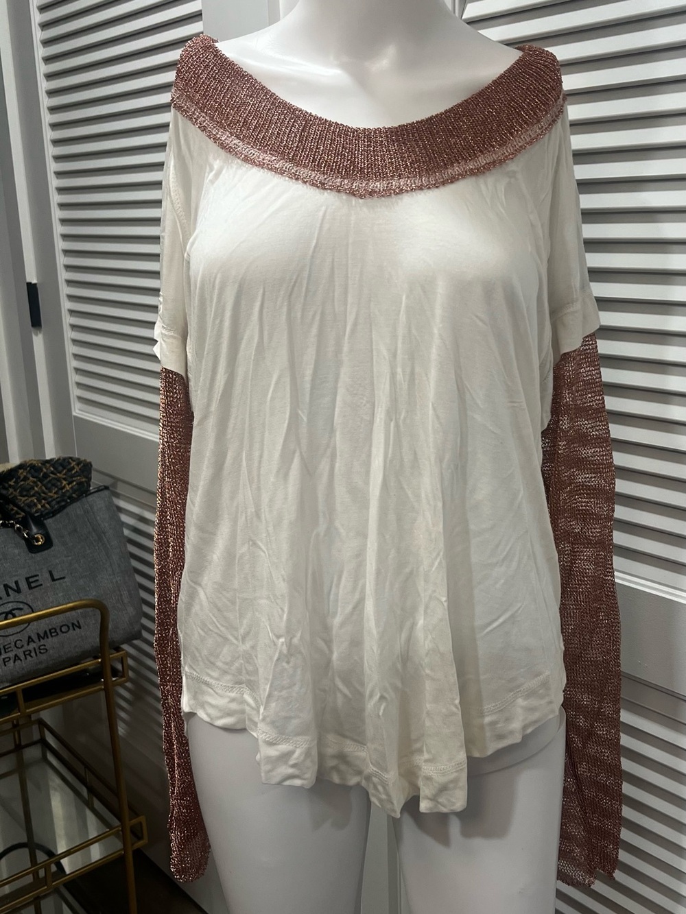 Free People Bit of Shine Cream Top with Rose Gold Metallic Trim and sleeves